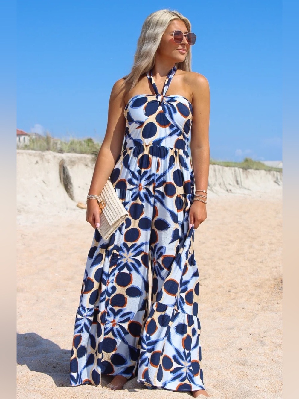 ee:some Abstract Indigo Tiered Halter Neck Jumpsuit Smocked Back, Bold Stateme